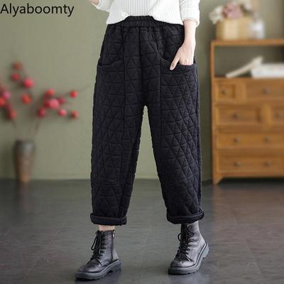 Plus Size Korean  Autumn Winter Women Thick Warm Pants High Waist Brown Green Black Loose Trousers Elastic-Waisted Pockets Harem Capris