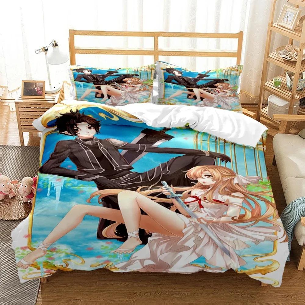 SAO Anime Art Print Three Piece Bedding Set Fashion Article Beds Quilt Covers Pillowcases Duvet Cover for Boys Adults
