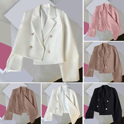Autumn Women Lapel Long Sleeve Cropped Blazer Double Breasted Solid Color Slim Fit Suit Coat Streetwear