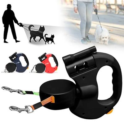 With Flashlight Dual Dog Retractable Leash Poop Bag Holder Retractable Double Pet Leash 360° Rotating LED Lights