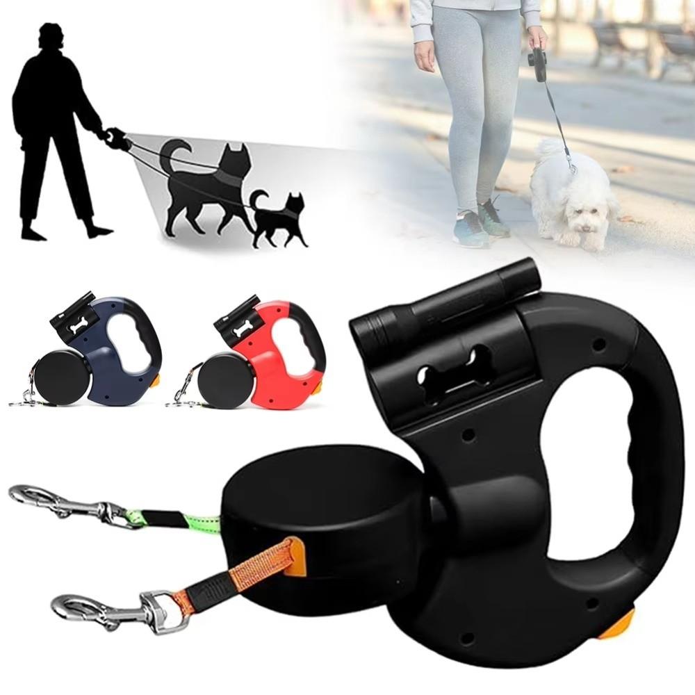 New With Flashlight Dual Dog Retractable Leash Poop Bag Holder Retractable Dog Tractions Rope 360° Rotating LED Lights Dog Chain