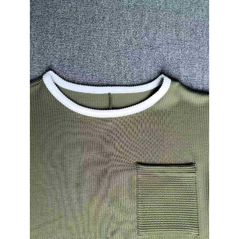 Womens Solid Ribbed Knit Contrast Trim Pocket Short Sleeve T Shirt