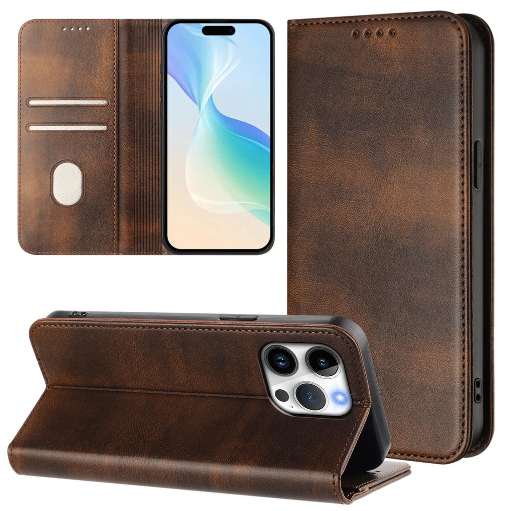 Applicable to iPhone16E leather case, Samsung S26 retro leather pattern card wallet magnetic protective case A25E solid color