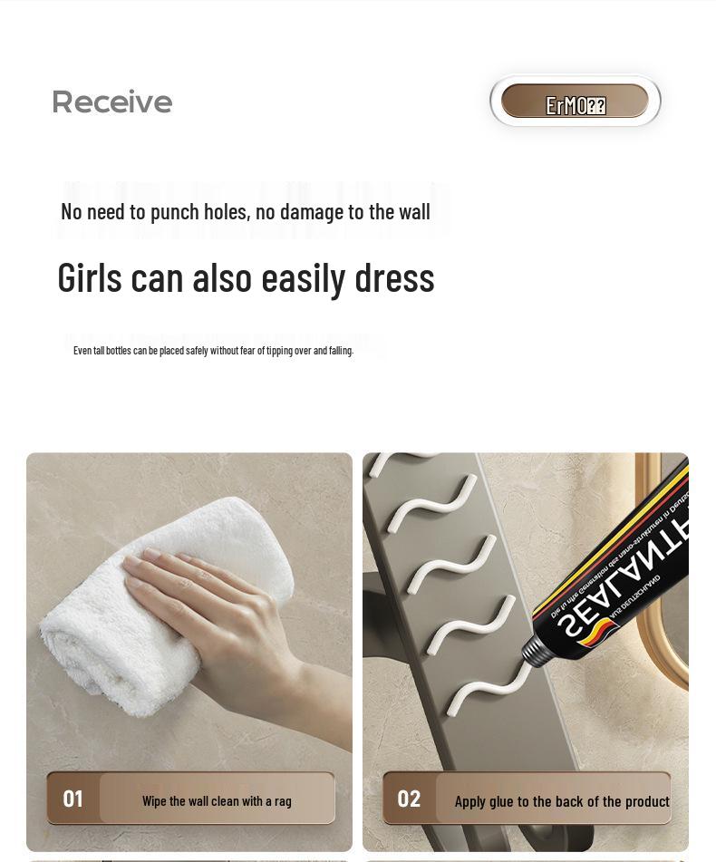 Gunmetal No-Drill Wall-Mounted Towel Rack for Bathroom Storage