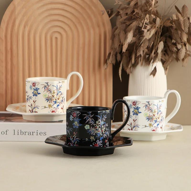 Französische Orchidee Keramik Kaffeetassen & Untertassen Set Zuhause Büro Spülmaschine Milch Latte Cappuccino Mädchen Geschenk Tasse