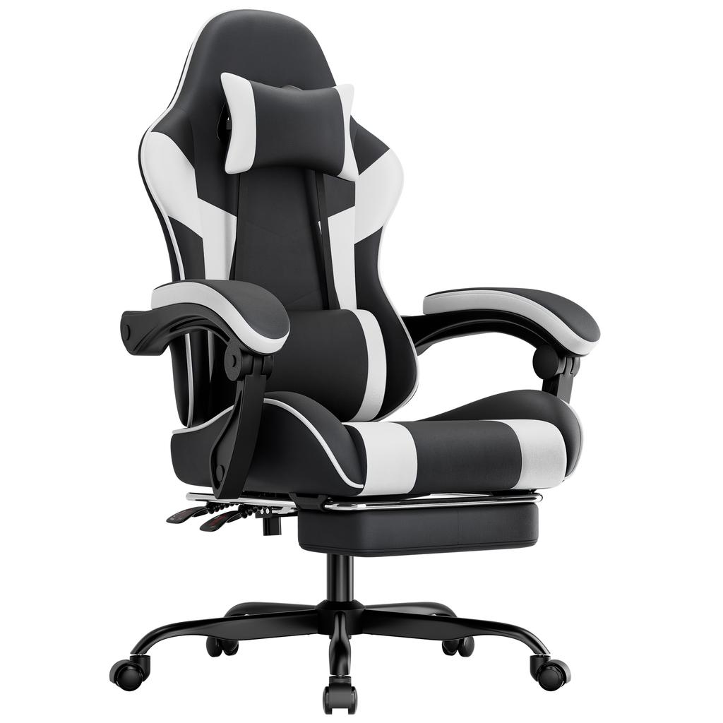 Gaming Chair, Ergonomic, Lumbar Support, Breathable PU Leather Office Chair, Load Capacity 200KG, Seat Height and Backrest Adjustable, Black-White