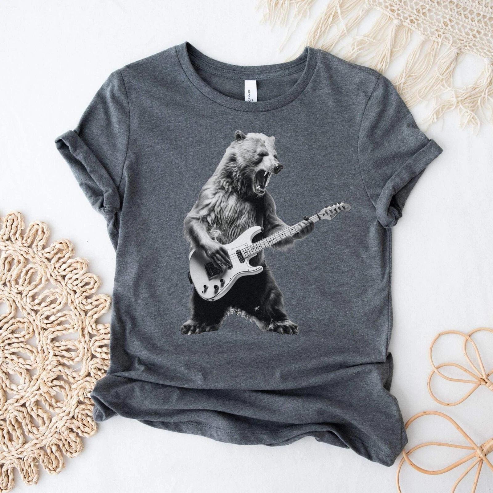 Bear Playing Bass Guitar Shirt - Music Tee for Bass Players M