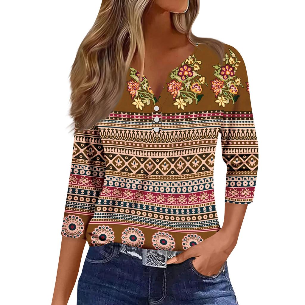 Women's Fashion Casual Seven Split Sleeve Burst Vintage Floral Print Pullover Top
