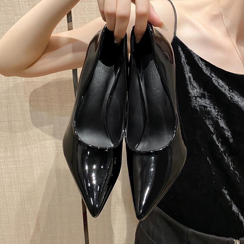 No Black High Heels: Women’s 2024 Stiletto Patent Leather French Pointed Toe Single Shoes for Spring & Autumn.