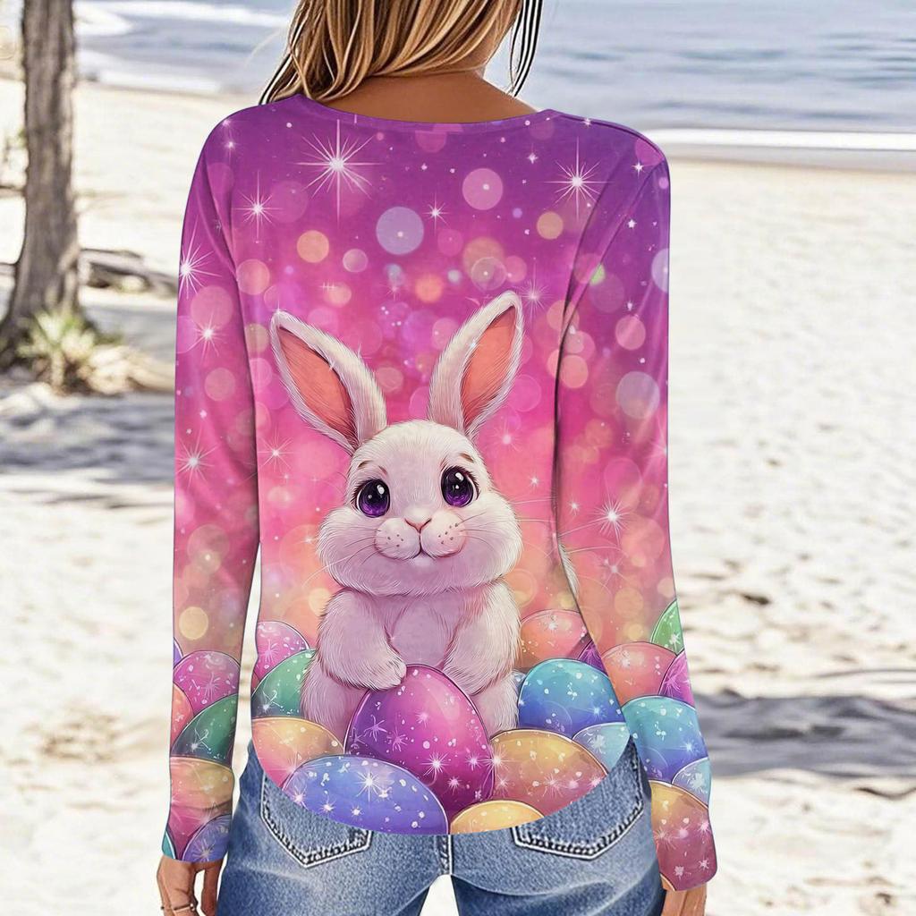 Women's Daily Casual Long Sleeved Easter Printed Round Neck Top