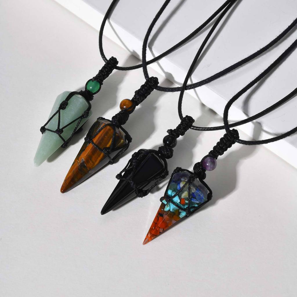 Natural Stone Pointed Necklace for Men,Adjustable Black Rope Healing Gemstone Pendant,Stylish Ethnic Cowboy Style Jewelry Gift