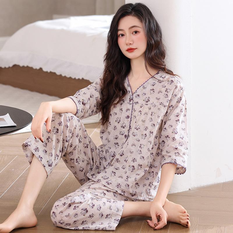 Pajamas women's summer woven pure cotton seven-quarter sleeve gauze cotton thin middle-aged mother spring and autumn loungewear suit