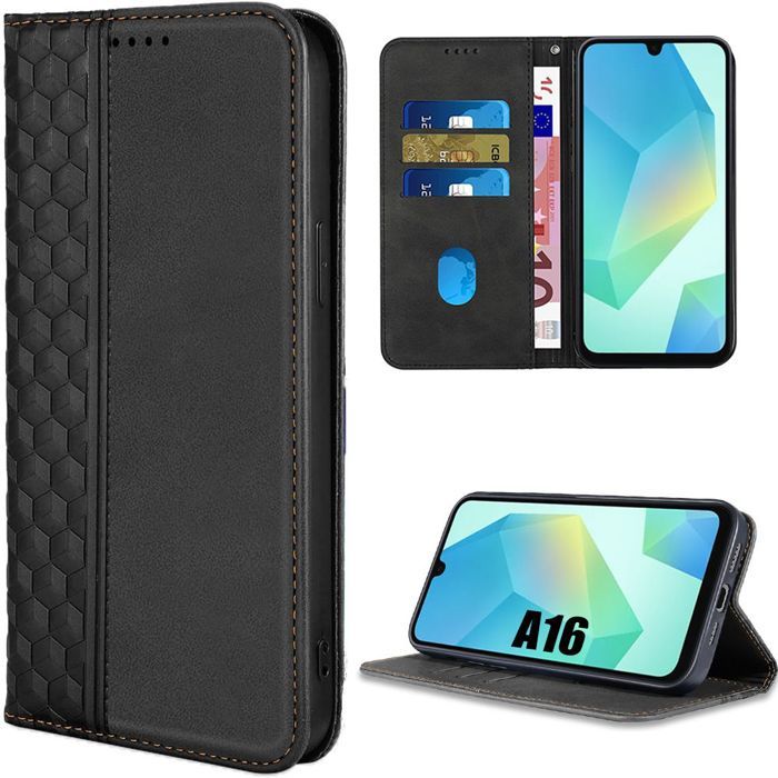Coque de protection - BOOLING - pour Samsung Galaxy A16 4G/5G - Cuir synthétique noir - Motif géométrique - Antichoc