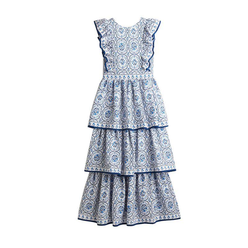 

Summer New Product Women clothes Backless Design round Neck Sleeveless Frill Trim Unlined Length Dress 1272806 Blue pattern L