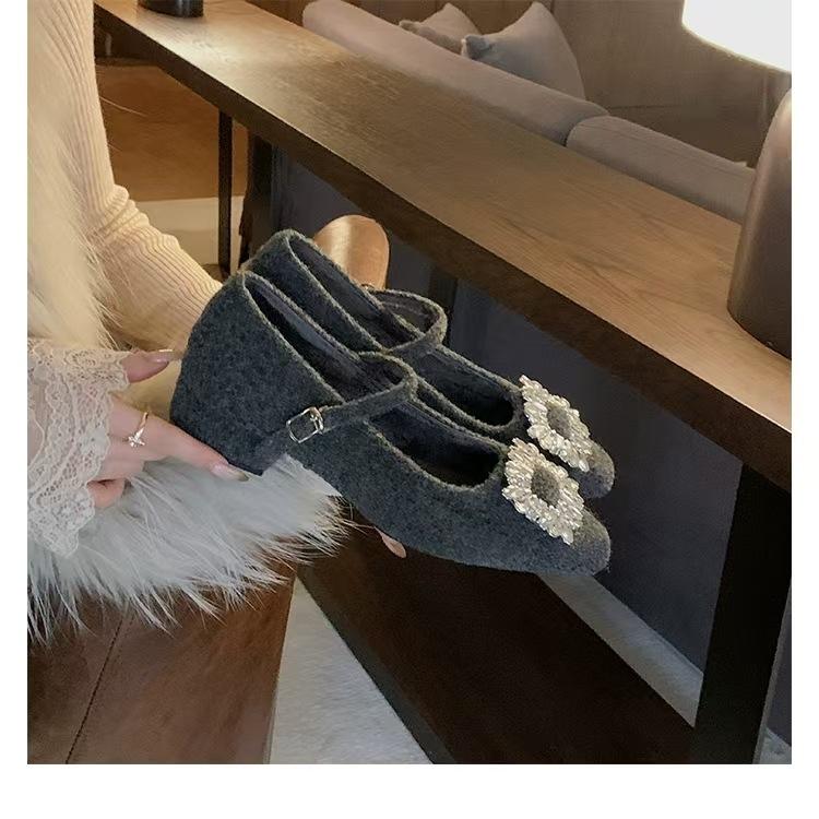 Cowhide Version~ Grape Mom Has the Same New Diamond Buckle with a Small Square Head with a Warm Thick Heel and Mary Jane Women's High-heeled Single