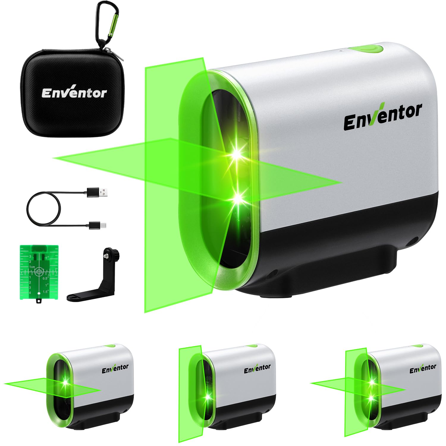 

ENVENTOR Laser Laser Class Rotatable Horizontal and Vertical Two Laser Magnetic Pulse USB Rechargeable Gift Level, II, 360° Points, Emitters, Support, зелёный