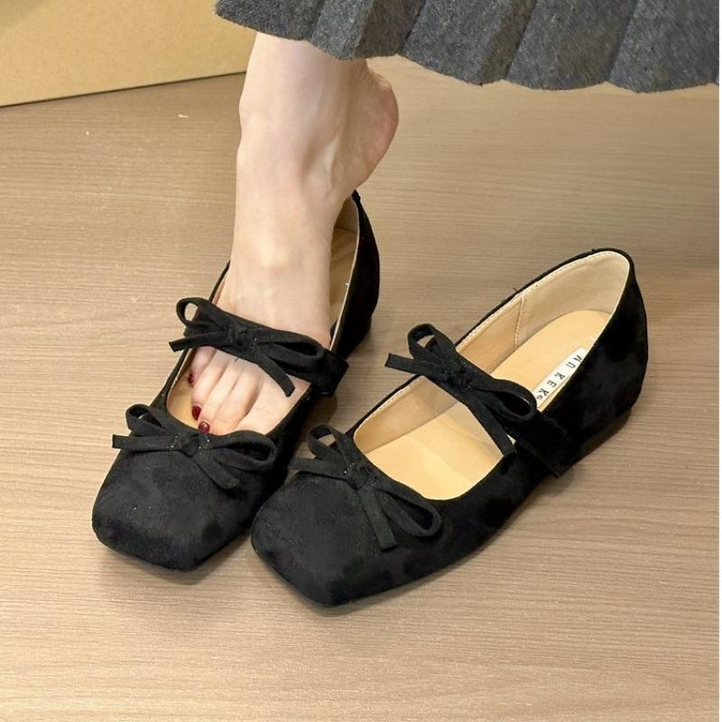 2025 Spring and Autumn New Elegant Style Mary Jane Purple Suede Double Bow Fashion Single Shoes Square Toe Height Increase