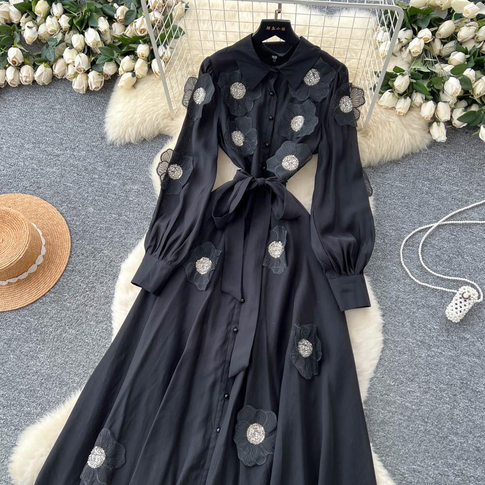 Chic Vintage Three-dimensional Single Breasted Slim Elegant Fairy Korean Fashion Boho Women Clothing Long Dress