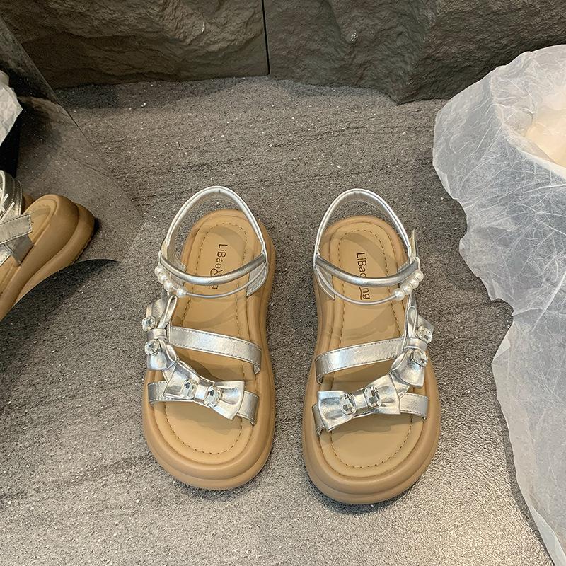 Rhinestone bow platform sandals women's summer wear new high-end one-word sandals