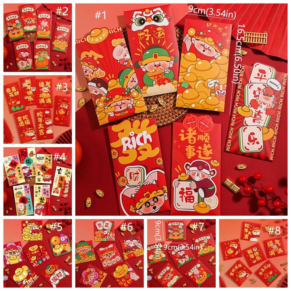 6pcs Chinese Style 2025 Snake Year Red Envelopes Cartoon New Year Money Packets Graduation