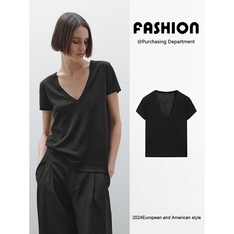 Za2025 Summer New Women clothes Casual Simplicity Wind Lightweight V-neck Short sleeve T-shirt Top 06216938 306