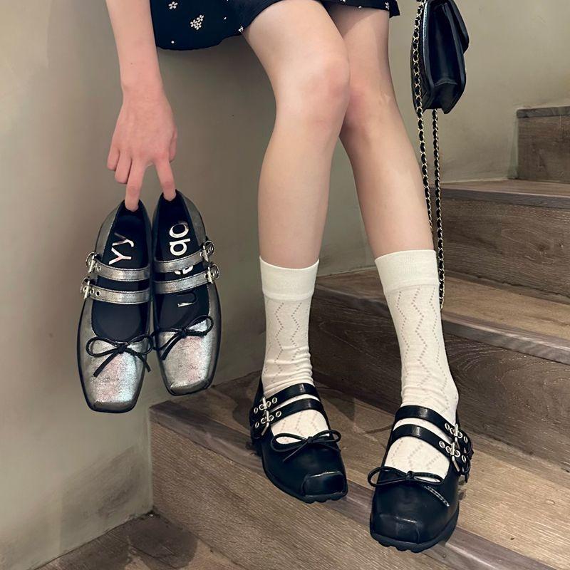 Ballet Shoes Women's 2025 New Silver One-word with Mary Jane Shoes Flat Bow Square Head Light Mouth Single Shoes
