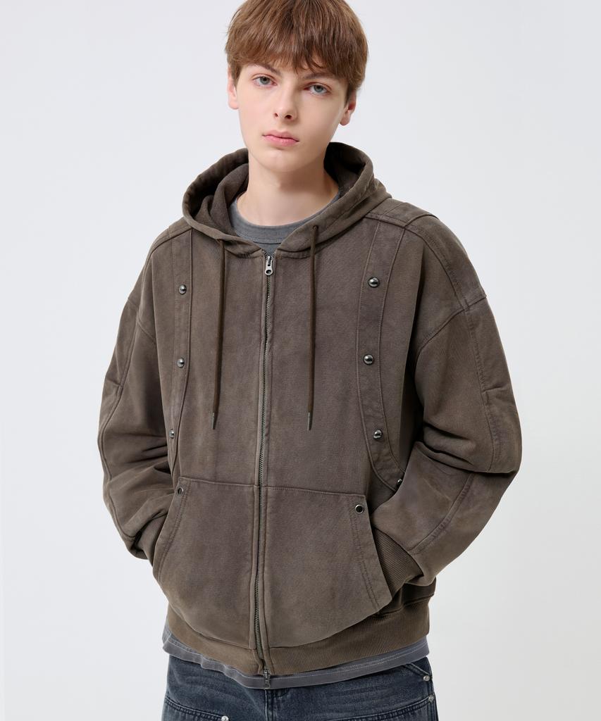 Trillion Vintage Studded Pigment 2-Way Zip-Up Hoodie_Brown
