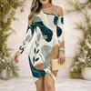 Women Plus Size Chain Strap Cold Shoulder Long Sleeve Printed Asymmetrical Hem Bodycon Dress