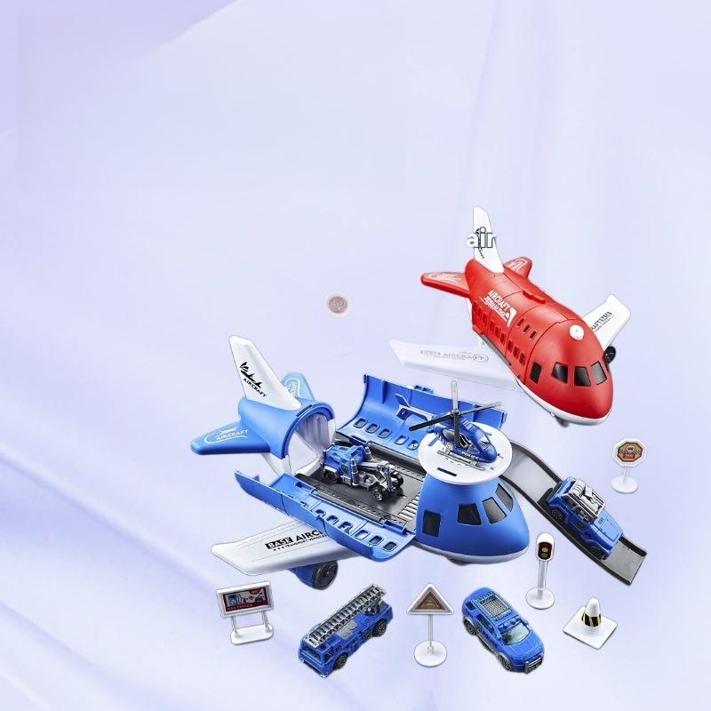 1 Set Christmas Gift Children'S Airplane Car Toy Inertial Airplane Model With 6 Road Signs Random 3 Cars And 1 Helicopter