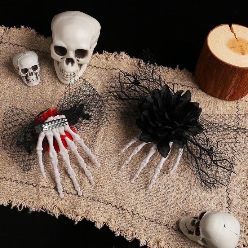 Halloween Terrifying Skull Hand Bone Rose Hair Clip - Unique Mesh Side Clip, Perfect Decoration for Halloween Ball