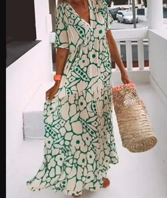 Summer 2023 Women's V-Neck Print Short Sleeve Long Dress