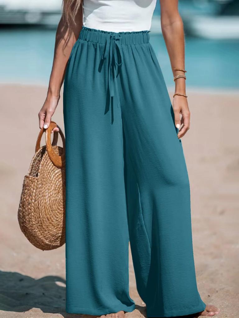 Women High Waist Wide Leg Pants Elastic Waist Loose Fit Drape Trousers Wrinkle Free Breathable Casual Summer Pants