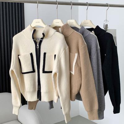Women's Double-head Zipper Knitted Cardigan Pocket Contrast Loose Knit Sweater Stand Collar Cardigan Jacket Knitted Coat  Top