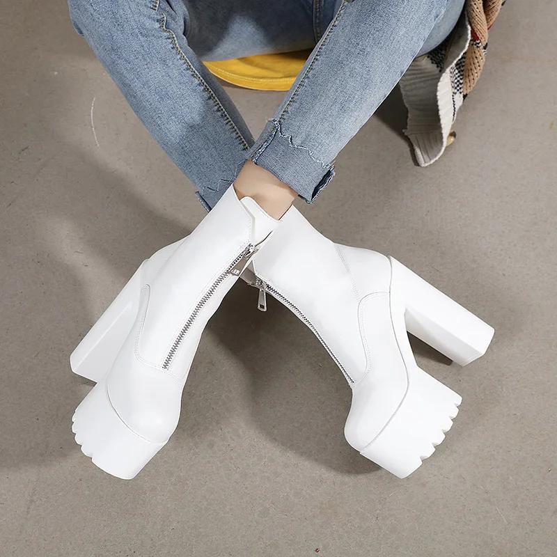

14СМ INS Кожаные Женские Ботильоны на Платформе Высокий Каблук Черные Белые Короткие Ботинки Зима Готика Панк Каблуки Вечерняя Обувь Женская 34 белый