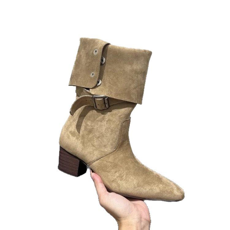 Frosted Leather Pointed Metal Buckle Niche Hottie Western Cowboy Boots Lapel Two Wear Martin Motorcycle Boots Women's Shoes