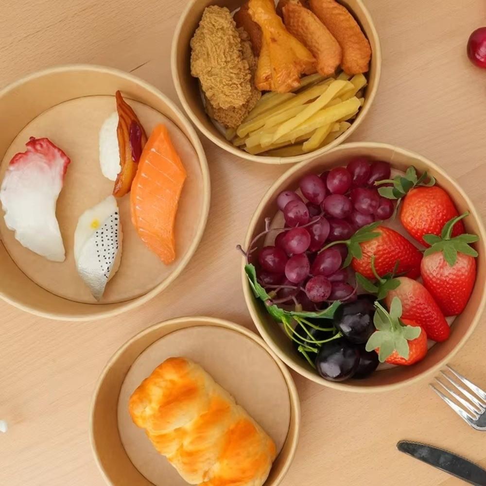 10PCS Disposable Takeaway Packing Boxes with Lid Round Paper Soup Bucket Kraft Paper Lunch Box