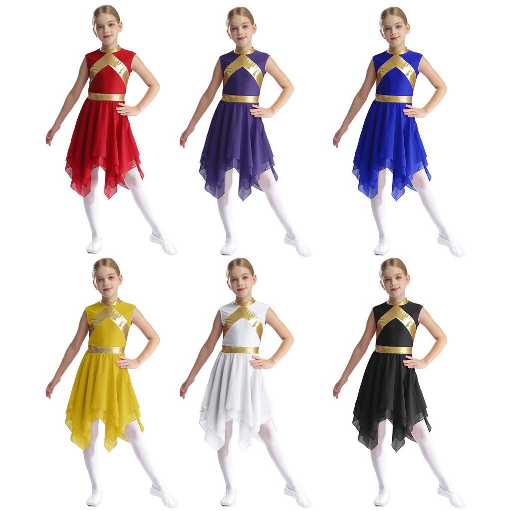 Girls Liturgical Praise Dance Dress Metallic Contrast Color Patchwork Sleeveless Asymmetrical Hem for Church Worship Performance