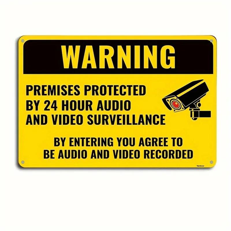 Hisun Tin Sign HD Tin Sign Bilingual Security Warning Wall Decor Retro French English Video Surveillance Metal Poster for Business Home