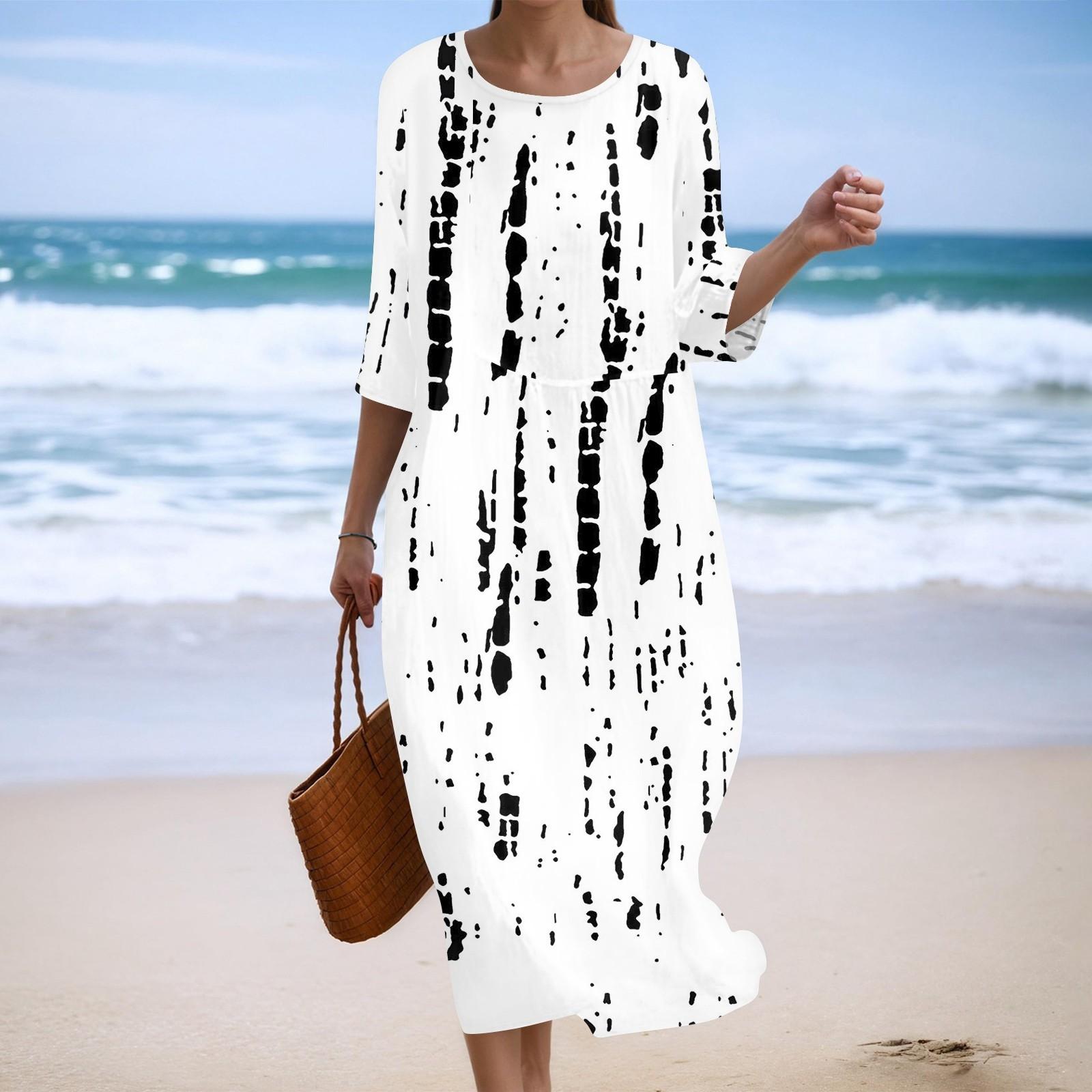 

Women s Fashionable Printed Round Neck Seven Quarter Sleeve Loose Dress M білий