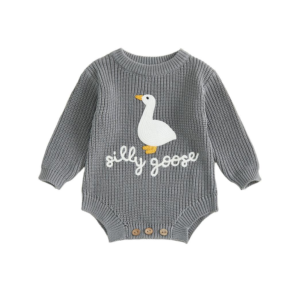 Infant Baby Knitted Rompers Cute Long Sleeve Round Neck White Goose Letter Embroidery Jumpsuit