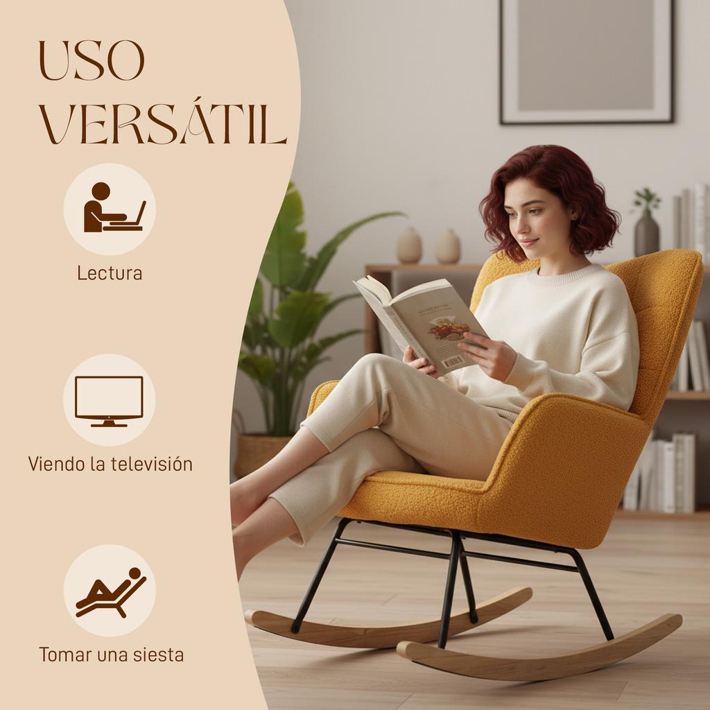 Sheepskin Rocking Chair, 40° Rocking, Beech Wood Legs, 120 kg, 71 x 98 x 101 cm, Yellow