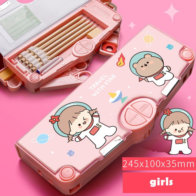 Tragbare Bleistiftbox im Weltraum-Astronauten-Stil, niedlicher Cartoon-Stil, multifunktionale Schreibwarenbox für Kinder, automatische Aufbewahrungsbox, Schulgeschenk