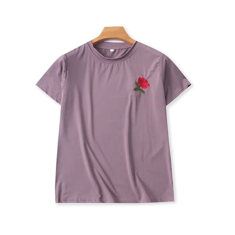

Embroidered Short sleeve T-shirt Women clothes Summer New Elastic Short T-shirt Fashion round Neck Top Embroidered Bottoming Shirt Smoky purple side Embroider M