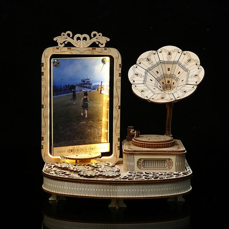 DIY 3D Wooden Puzzle Phonograph Photo Frame Miniature Model Kits Assembly Jigsaw for Kids Adults Birthday Gifts
