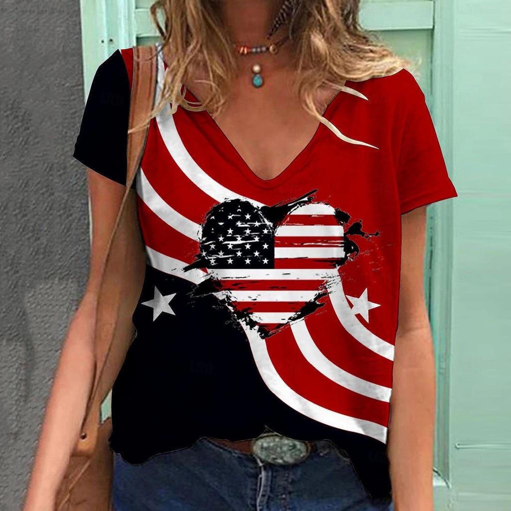 Sommer V-Ausschnitt 3D Amerikanische Flagge Bedrucktes Top Modische Lässige Kurzarm Damen T-Shirts