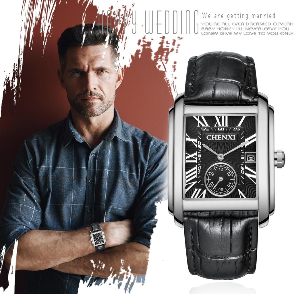 Oidea Herren-Quadrat-Armbanduhr: Wasserdichtes Analog-Quarzwerk mit römischen Ziffern und Lederarmband, Perfekt für den lässigen Alltagsgebrauch, Silber