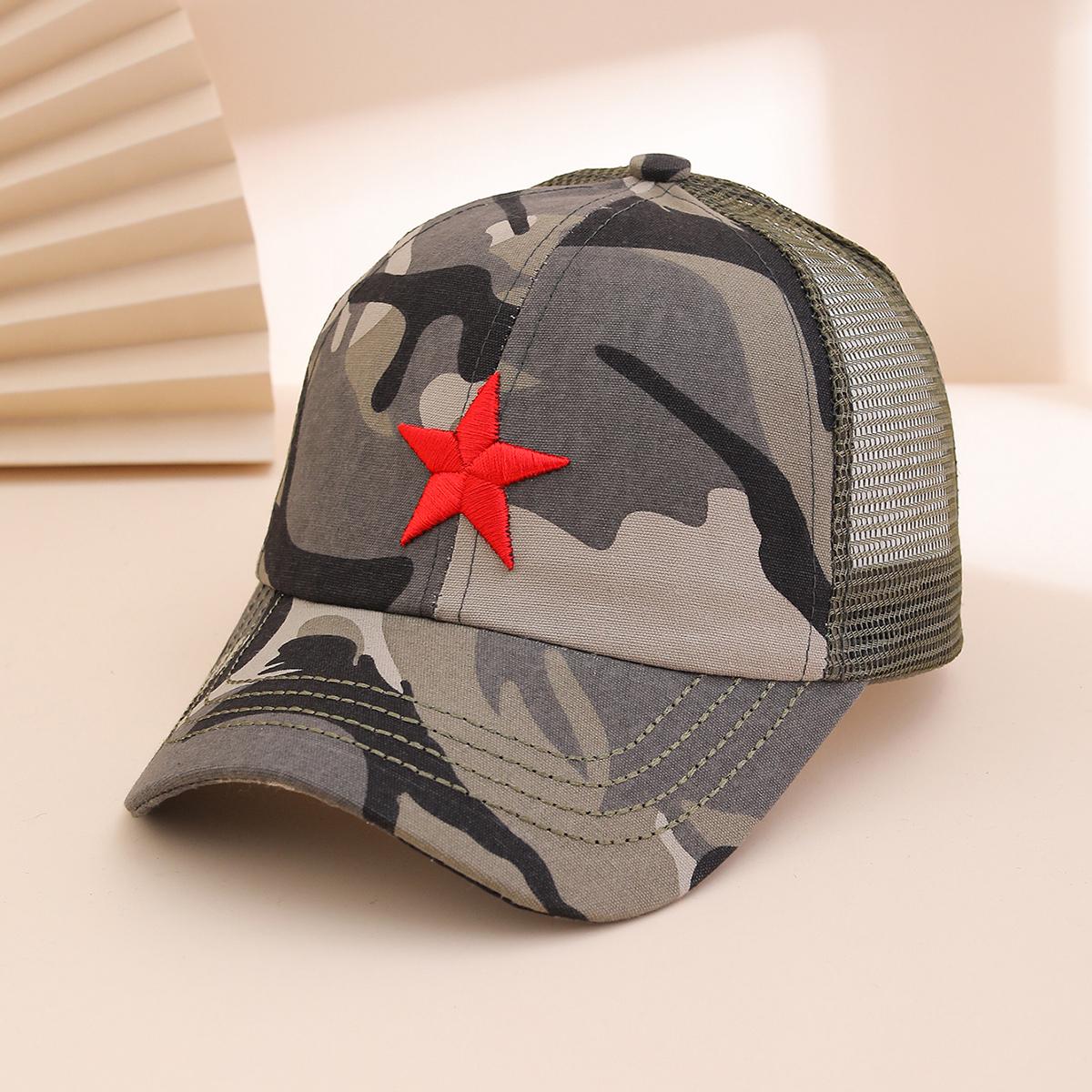 Embroidered five-pointed star military green mesh baseball cap, unique, casual and fashionable camouflage beanie hat One Size