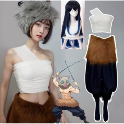 Anime Kimetsu No Yaiba Hashibira Inosuke Cosplay Costume Package with Pants, Fancy Dress, Demon Slayer Pants, and Apron Masks