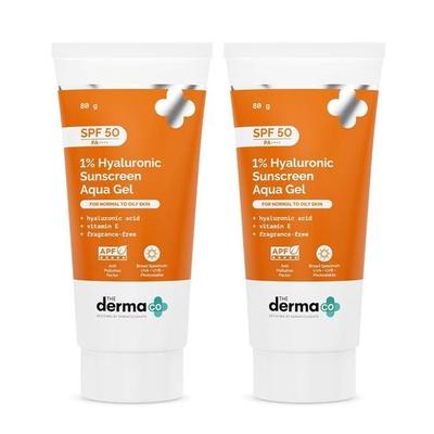 The Derma Co 1% Hyaluronic Sunscreen Aqua Gel SPF 50 PA++++ | In-Vivo Tested | Hyaluronic Acid for Deep| For Men & Women | 80 G X 2