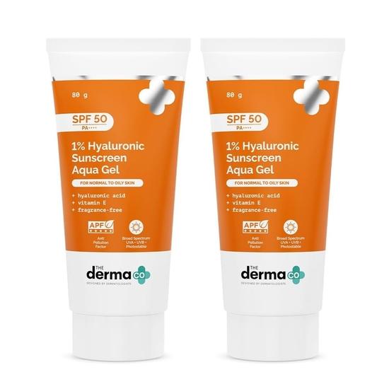 

Солнцезащитный аква-гель The Derma Co с 1% гиалуроновой кислоты SPF 50 PA++++ | Протестировано in-vivo | Гиалуроновая кислота для глубокого увлажнения | Для мужчин и женщин | 80 г x 2